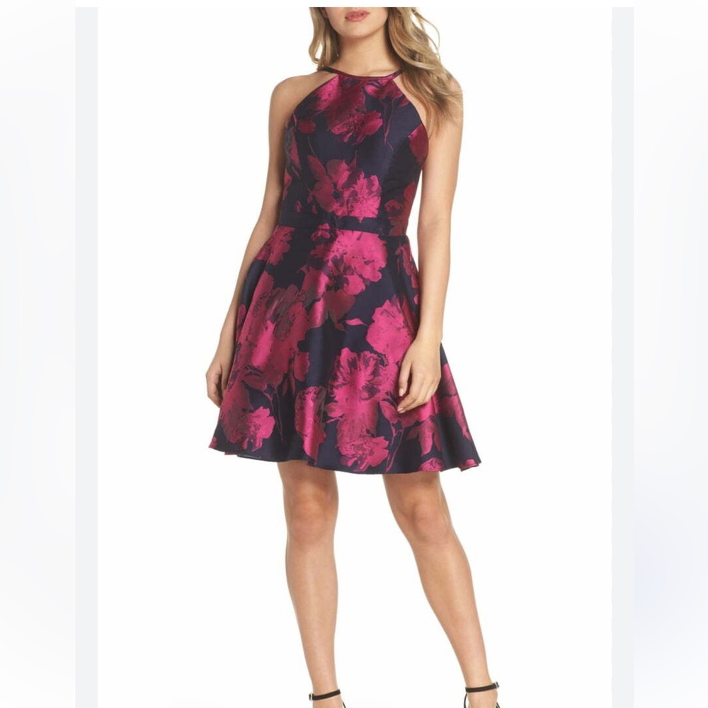 Xscape Halter Mini Dress Size 8‎ Floral Brocade Fit and Flare Prom Formal Event